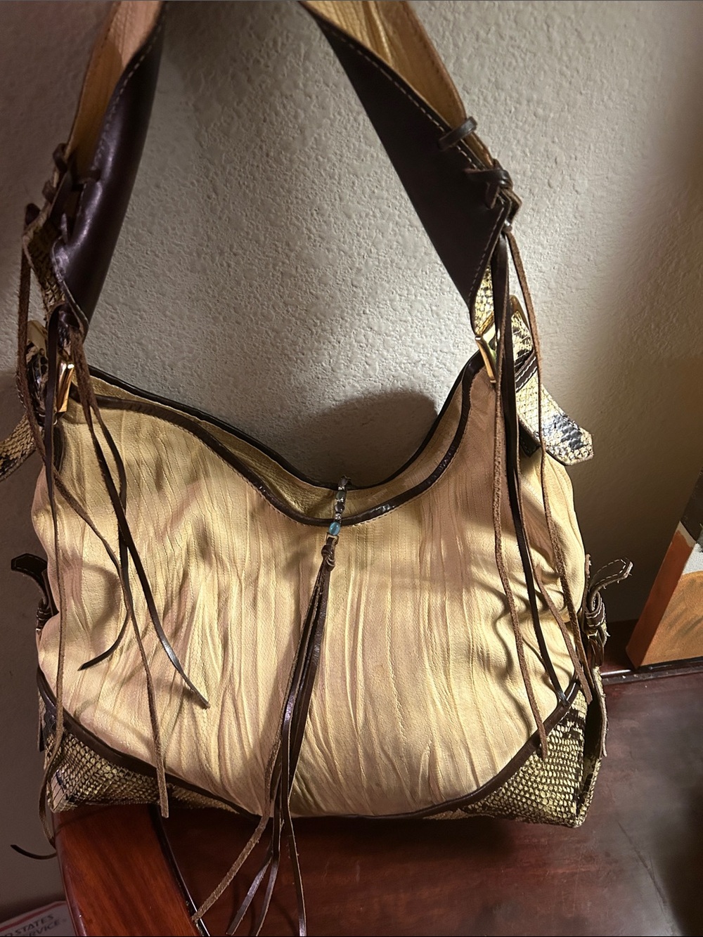 Soft Cream and Brown Shoulder Bag with Tassel Accent - Picture 9 of 9